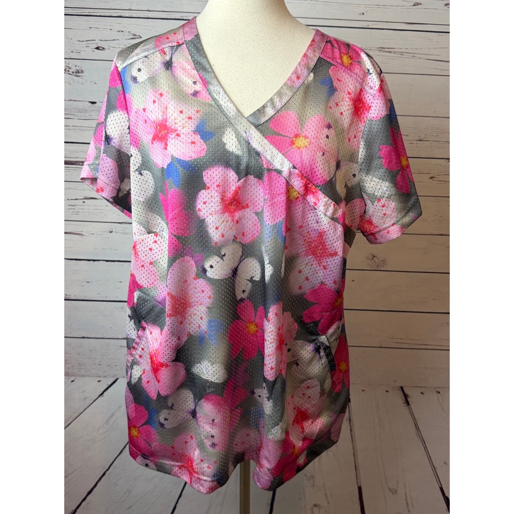 koi Scrub Top XL Pink Floral Butterfly Mesh V-Neck Medical Uniform 350PR Shirt